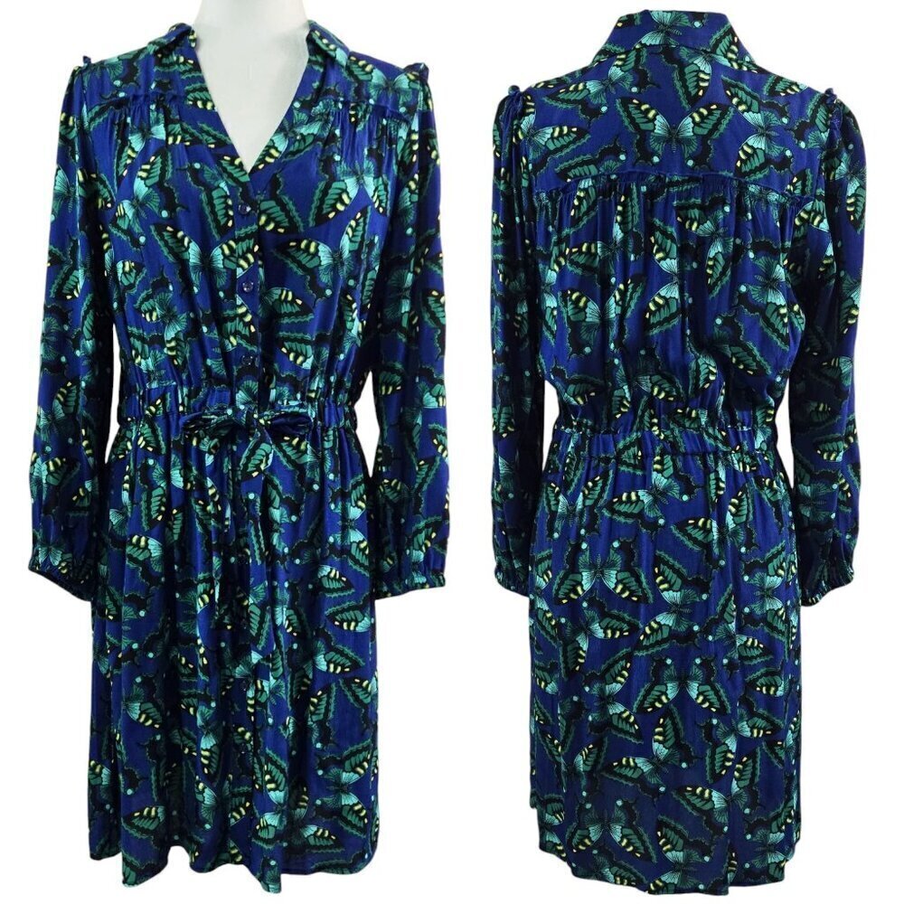 Maeve Anthropologie Pippa Blue Butterfly Novelty Print Button-Up Shirt Dress